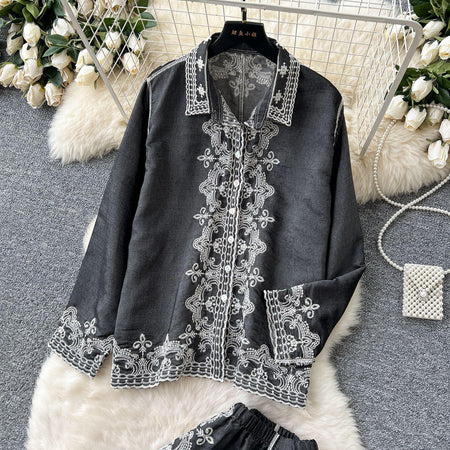 Berry Statement Summer Coord Set In Black - flat-lay product shot of embroidered shirt - Miss Mosa By Akanksha