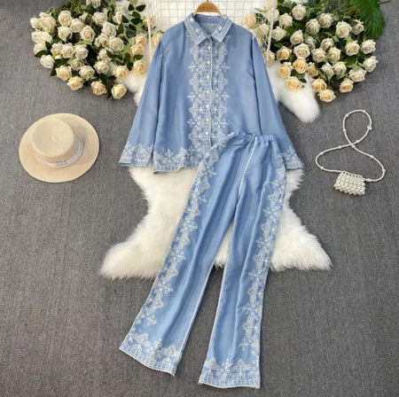 Berry Statement Summer Coord Set In Blue - flat-lay product shot of the embroidered coord set - Miss Mosa By Akanksha