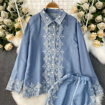 Berry Statement Summer Coord Set In Blue - flat-lay product shot of the embroidered shirt on hanger - Miss Mosa By Akanksha