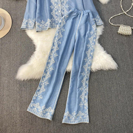 Berry Statement Summer Coord Set In Blue - flat-lay product shot of the embroidered coord set trousers - Miss Mosa By Akanksha