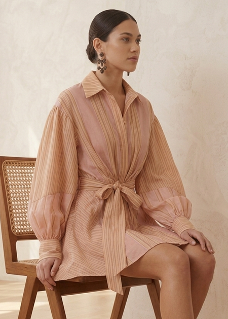 Beryl Striped Mini Dress With Top - seated front shot, peach and tan stripe - Miss Mosa By Akanksha