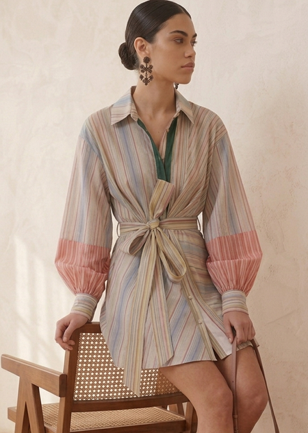 Beryl Striped Mini Dress With Top - seated front shot, multicolour pastel stripe - Miss Mosa By Akanksha