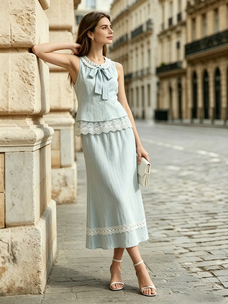 Bettina Lace Coord Skirt Set - full-length side shot, pale blue with cream lace - Miss Mosa By Akanksha
