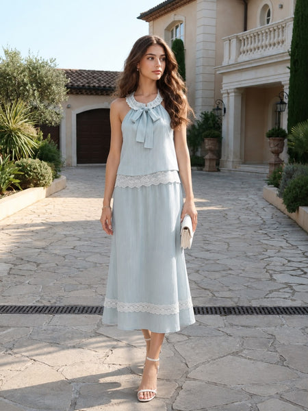 Bettina Lace Coord Skirt Set - full-length front shot, pale blue with white lace trim - Miss Mosa By Akanksha