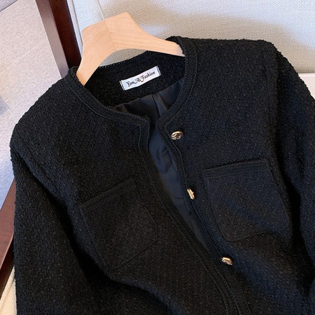 Betty Statement Tweed Jacket in Navy Blue - close-up of fabric detail - Miss Mosa By Akanksha