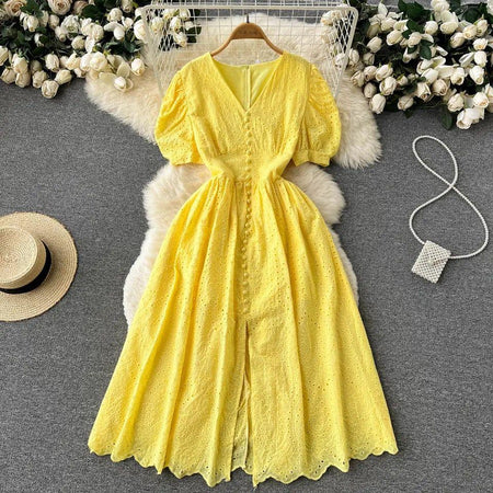 Beyza Cotton Midi Dress - styled flat-lay shot, yellow - Miss Mosa By Akanksha