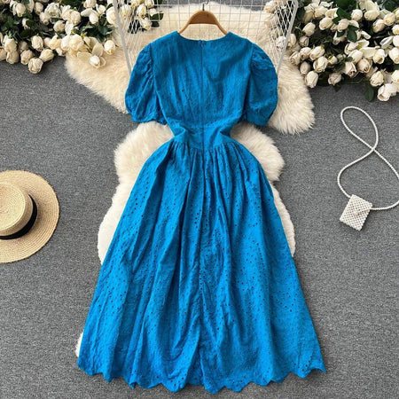 Beyza Cotton Midi Dress - styled flat-lay shot, blue - Miss Mosa By Akanksha