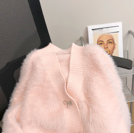 Bian Bow Oversized Cardigan - flat-lay product shot, pink - Miss Mosa By Akanksha