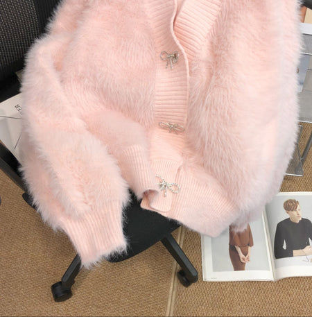 Bian Bow Oversized Cardigan - flat-lay product shot, pink - Miss Mosa By Akanksha