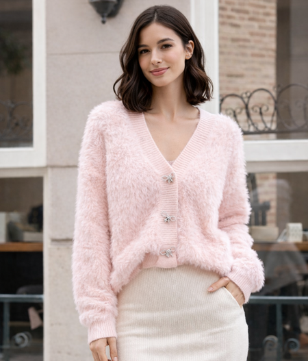 Bian Bow Oversized Cardigan - front shot on standing model, pink - Miss Mosa By Akanksha