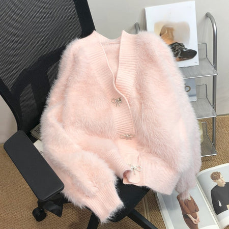 Bian Bow Oversized Cardigan - flat-lay product shot, pink - Miss Mosa By Akanksha