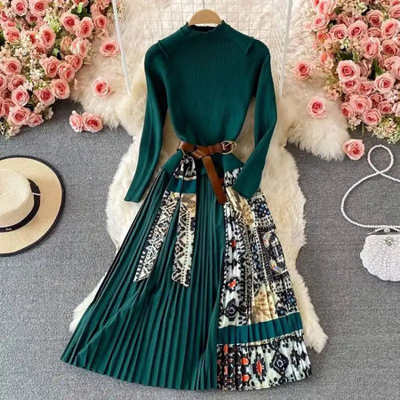 Bianca Pleated Woolen Dress with Belt - styled flat-lay shot, green - Miss Mosa By Akanksha