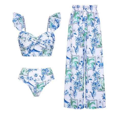 Bianca Swimwear Bikini With Pants Cover Up In Blue - flat-lay shot of full set - Miss Mosa By Akanksha