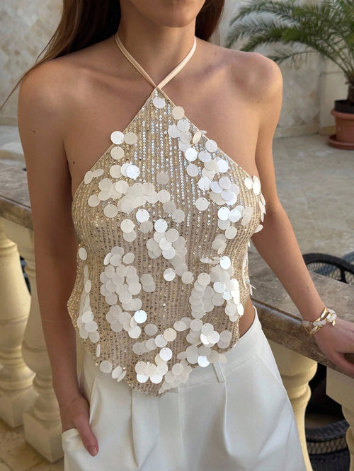 Bibi Sequin Halterneck Backless Top