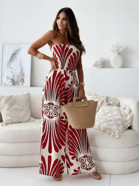Bica Statement Holiday Jumpsuit - front shot on model, red and cream - Miss Mosa By Akanksha