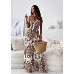Bica Statement Holiday Jumpsuit - front shot on model, brown and cream - Miss Mosa By Akanksha