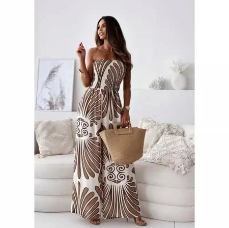 Bica Statement Holiday Jumpsuit - front shot on model, brown and cream - Miss Mosa By Akanksha