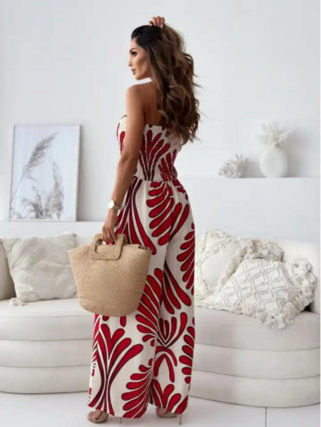 Bica Statement Holiday Jumpsuit - back shot on model, red and cream - Miss Mosa By Akanksha