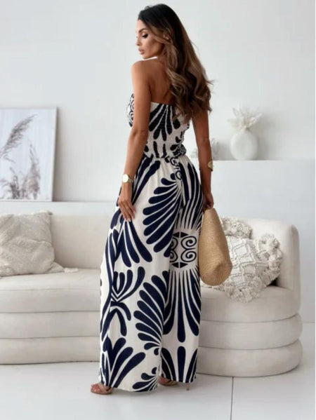 Bica Statement Holiday Jumpsuit - back shot on model, navy blue and white - Miss Mosa By Akanksha