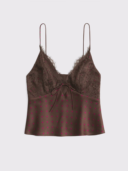 Birdie Lace Polka Top - flat product shot, brown with red polka dots - Miss Mosa By Akanksha