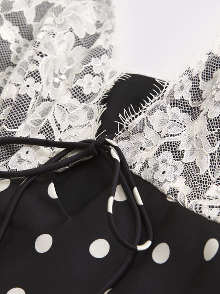 Birdie Lace Polka Top - lace and polka dot fabric close-up, black with cream polka dots - Miss Mosa By Akanksha