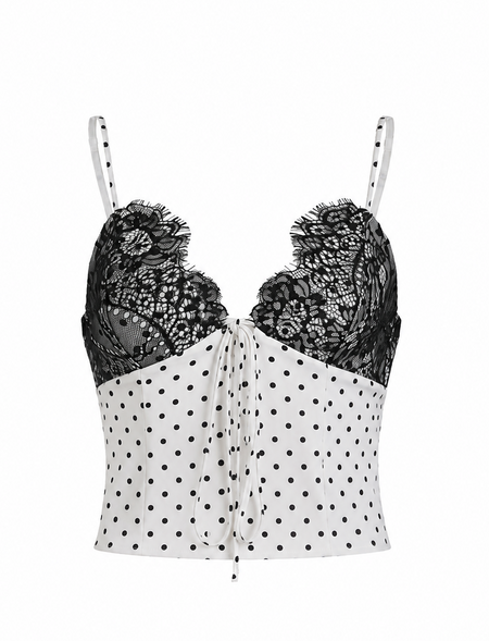 Birdie Lace Polka Top - flat product shot, white with black polka dots - Miss Mosa By Akanksha