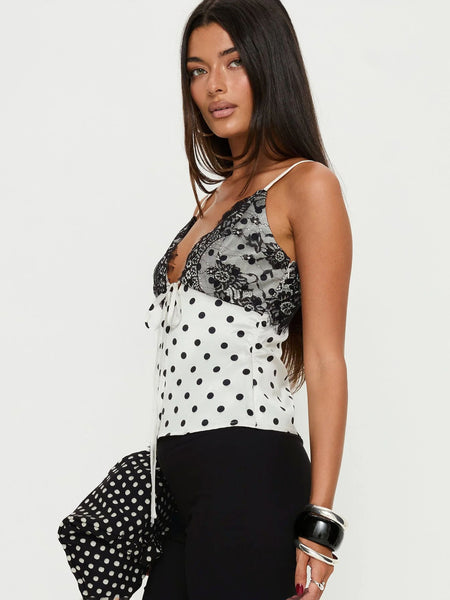 Birdie Lace Polka Top - three-quarter shot on model, white with black polka dots - Miss Mosa By Akanksha