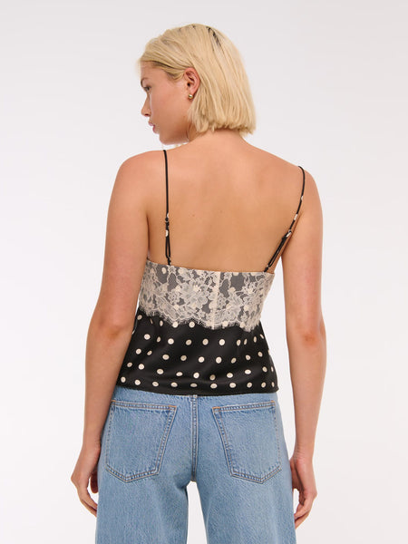 Birdie Lace Polka Top - back shot on model, black with cream polka dots - Miss Mosa By Akanksha