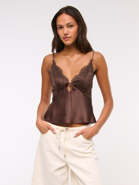 Birdie Lace Polka Top - front shot on model, brown with red polka dots - Miss Mosa By Akanksha