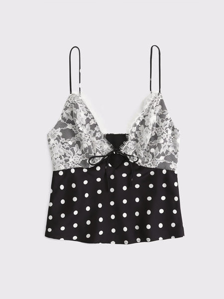 Birdie Lace Polka Top - flat product shot, black with cream polka dots - Miss Mosa By Akanksha