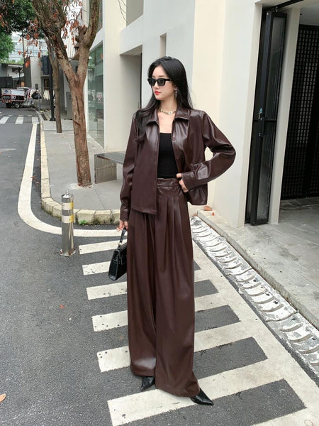Biro Leather Premium Coord Set - 2 - full-length front shot on model outdoors, brown - Miss Mosa By Akanksha