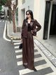 Biro Leather Premium Coord Set - 2 - full-length front shot on model outdoors, brown - Miss Mosa By Akanksha