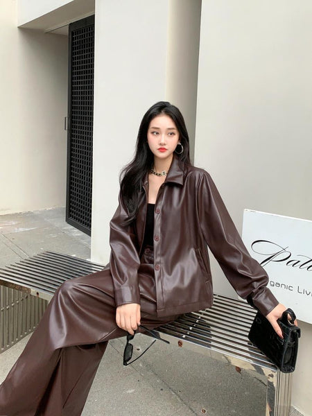 Biro Leather Premium Coord Set - 2 - front shot on model seated, brown - Miss Mosa By Akanksha