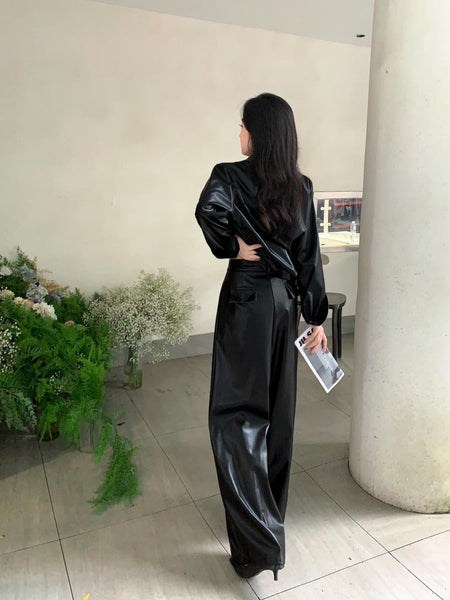 Biro Leather Premium Coord Set - 2 - back shot on model, black - Miss Mosa By Akanksha