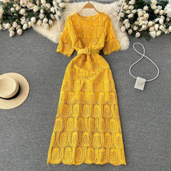 Bisco Luxury Lace Dress with Belt - styled flat-lay shot, yellow - Miss Mosa By Akanksha