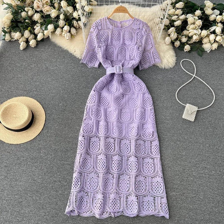 Bisco Luxury Lace Dress with Belt - styled flat-lay shot, lilac - Miss Mosa By Akanksha