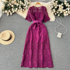 Bisco Luxury Lace Dress with Belt - styled flat-lay shot, magenta - Miss Mosa By Akanksha