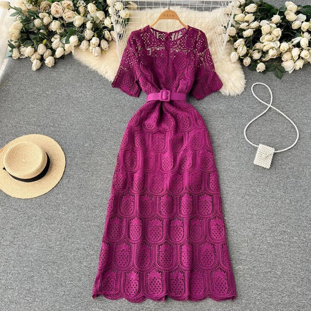 Bisco Luxury Lace Dress with Belt - styled flat-lay shot, magenta - Miss Mosa By Akanksha