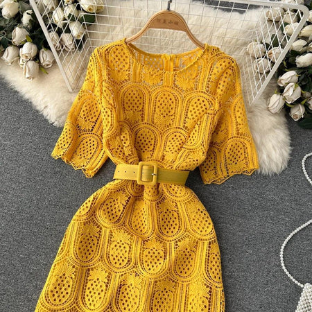 Bisco Luxury Lace Dress with Belt - close-up of lace bodice, yellow - Miss Mosa By Akanksha