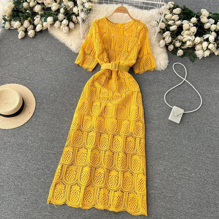 Bisco Luxury Lace Dress with Belt - styled flat-lay shot, yellow - Miss Mosa By Akanksha