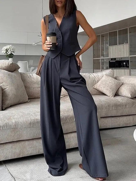 Bisco Statement Linen Vest Suit with Pants - full-length shot on model, charcoal - Miss Mosa By Akanksha