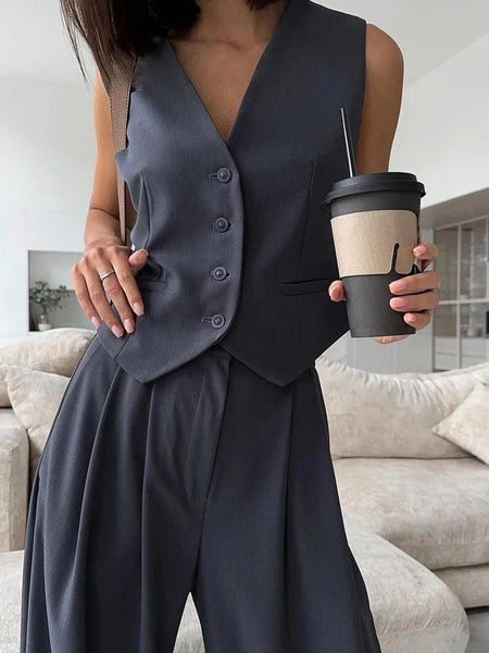 Bisco Statement Linen Vest Suit with Pants - close-up of vest, charcoal - Miss Mosa By Akanksha