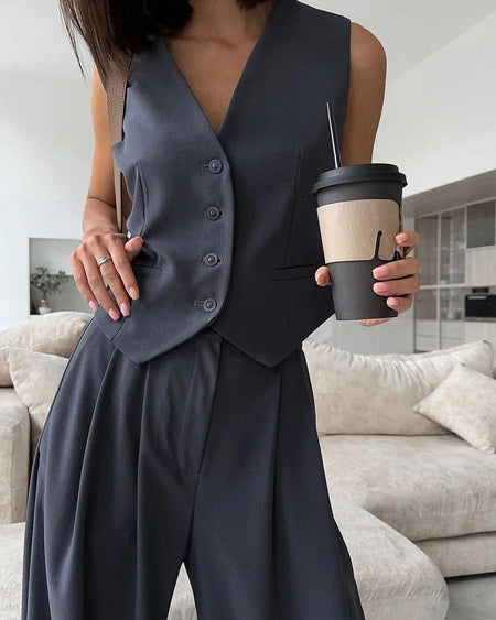 Bisco Statement Linen Vest Suit with Pants - front shot on model, charcoal - Miss Mosa By Akanksha