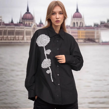 Bjorn Embellished Oversized Shirt In Black - front shot on model - Miss Mosa By Akanksha