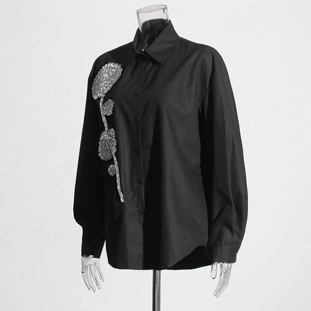 Bjorn Embellished Oversized Shirt In Black - side shot on mannequin - Miss Mosa By Akanksha