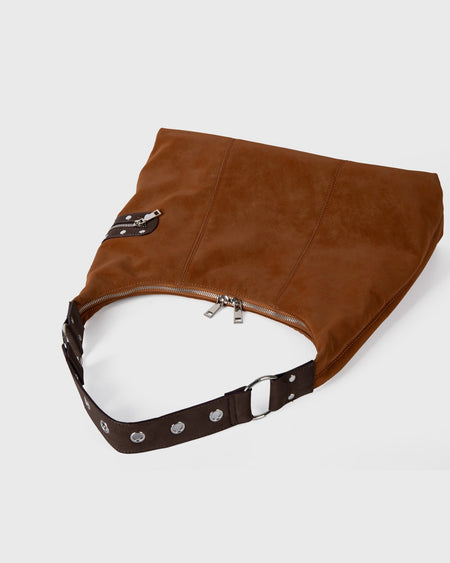 Bjorn Suede Tote Bag - angled product shot with strap detail, tan - Miss Mosa By Akanksha