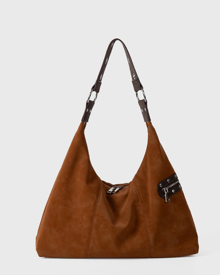 Bjorn Suede Tote Bag - front product shot, tan - Miss Mosa By Akanksha
