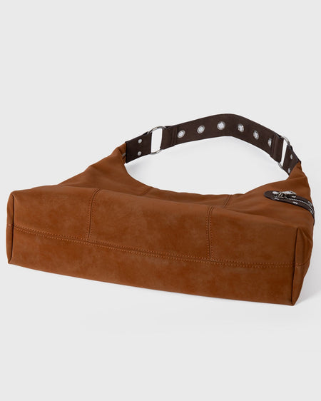 Bjorn Suede Tote Bag - angled base and side product shot, tan - Miss Mosa By Akanksha