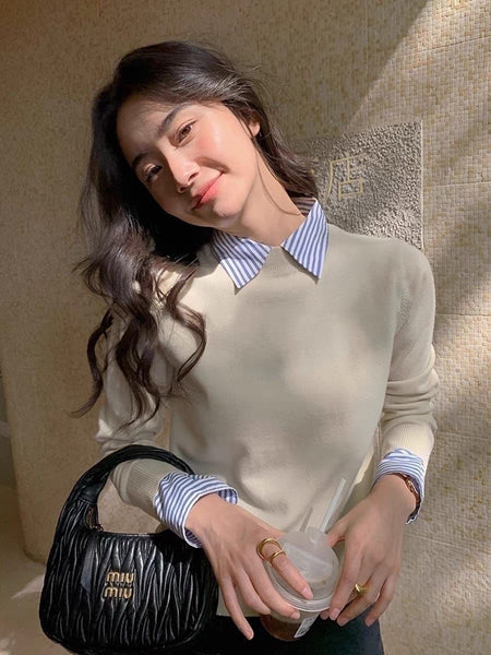 Blair Statement Tops with Attached Sweater - lifestyle shot on model, beige - Miss Mosa By Akanksha
