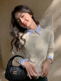 Blair Statement Tops with Attached Sweater - lifestyle shot on model, beige - Miss Mosa By Akanksha